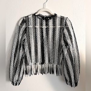 Topshop black white crochet lace fringe beach Coachella long sleeve crop top